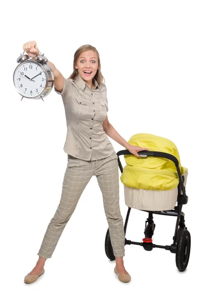 Woman with pram isolated on white — Stock Photo, Image