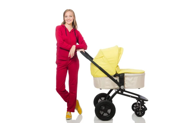 Woman with pram isolated on white — Stock Photo, Image