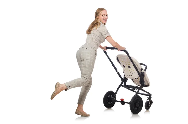 Vrouw met de kinderwagen geïsoleerd op wit — Stockfoto