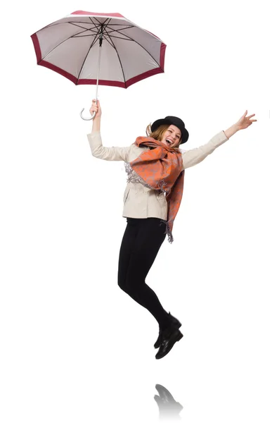 Woman with umbrella isolated on white — Stock Photo, Image