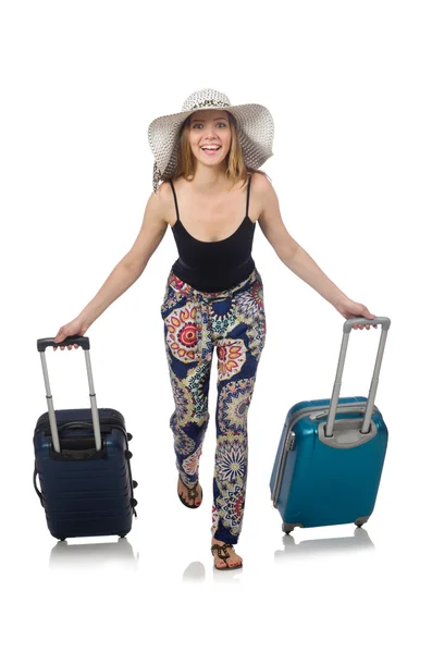 Vrouw klaar voor zomer reizen geïsoleerd op wit — Stockfoto