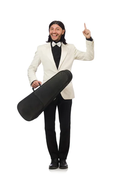 Mann mit Geigenkoffer auf weißem Tuch — Stockfoto