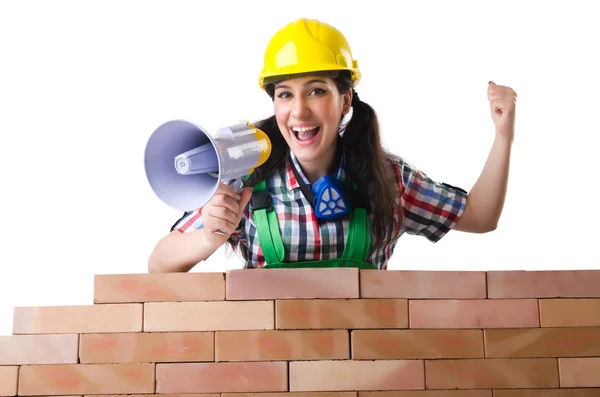 Mujer con altavoz aislado en blanco — Foto de Stock