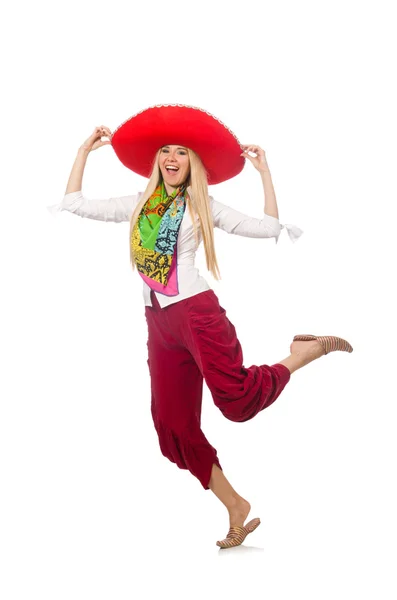 Mexicaine fille avec sombrero danse sur blanc — Photo