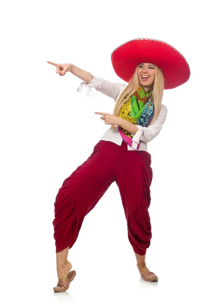 Mexikanisches Mädchen mit Sombrero, das auf Weiß tanzt — Stockfoto