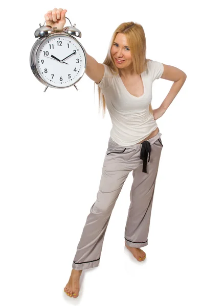 Žena s hodinami izolovanými na bílém — Stock fotografie