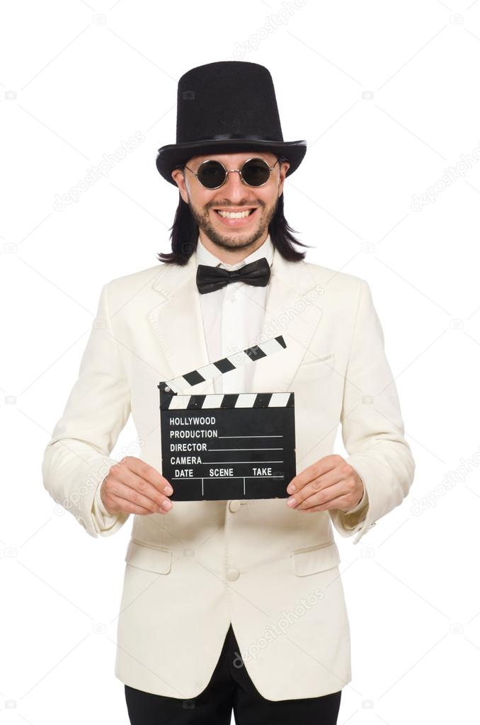 Man holding movie board isolated on white