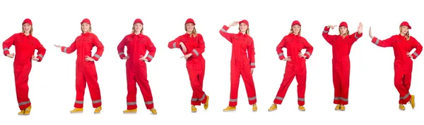 Woman in red overalls isolated on white — Stock Photo, Image