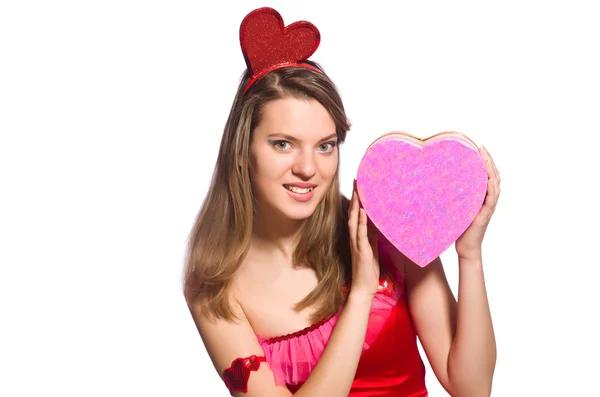 Girl in pretty pink dress with gift box isolated on white — Stock Photo, Image