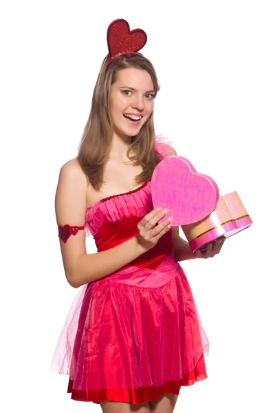 Menina em vestido muito rosa com caixa de presente isolado no branco — Fotografia de Stock