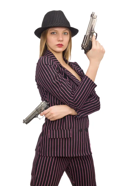 Gangster donna con pistola isolata su bianco — Foto Stock