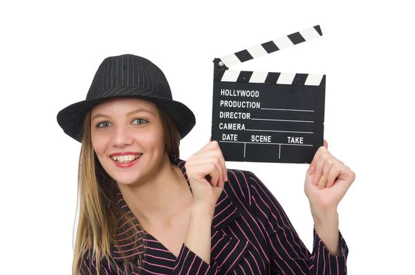 Kobieta z film clapboard odizolowany na biały — Zdjęcie stockowe