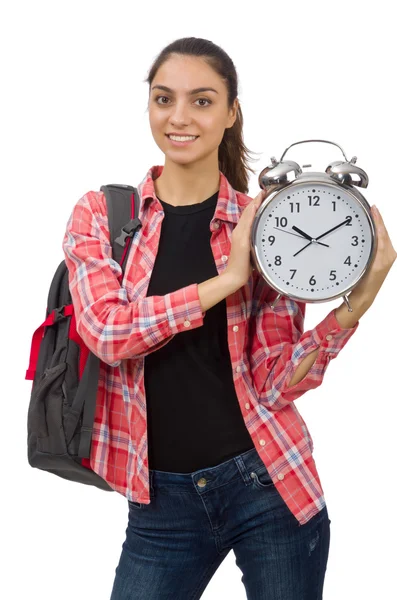 Young student girl with alarm clock — Stock Photo, Image