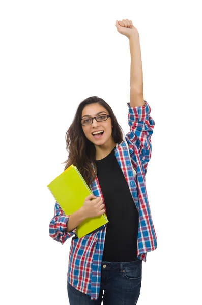 Joven estudiante con libros de texto aislados en blanco — Foto de Stock