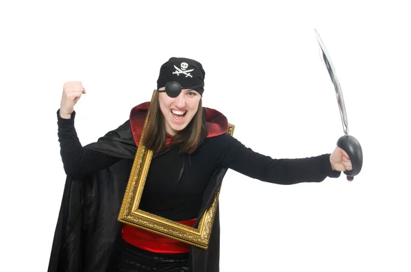 Piratin mit Schwert und Fotorahmen — Stockfoto