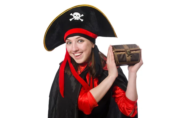 Kobieta pirat w czarnym płaszczu izolowane na białym — Zdjęcie stockowe