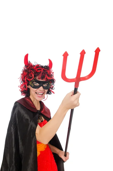 Kvinnan djävulen i roliga halloween koncept — Stockfoto