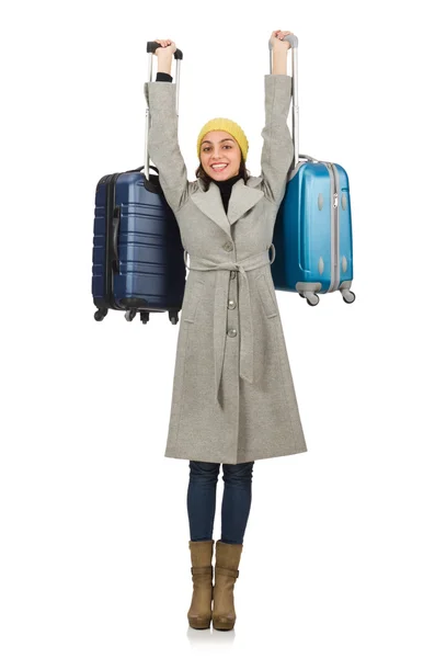 Frau mit Koffer bereit für den Winterurlaub — Stockfoto