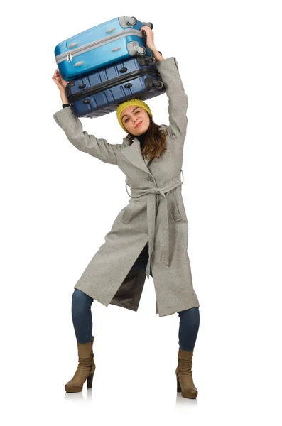 Γυναίκα με βαλίτσα έτοιμη για χειμερινές διακοπές — Φωτογραφία Αρχείου