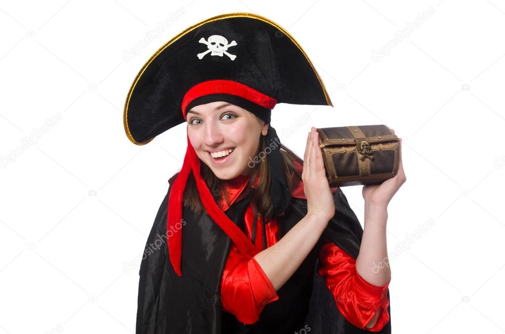 Female pirate in black coat isolated on white