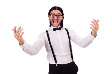 Pantolon askısı isioated beyaz giyen adam