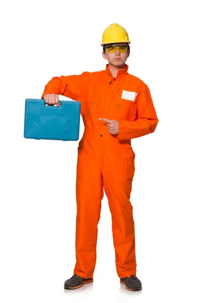 Man in oranje overall geïsoleerd op wit — Stockfoto