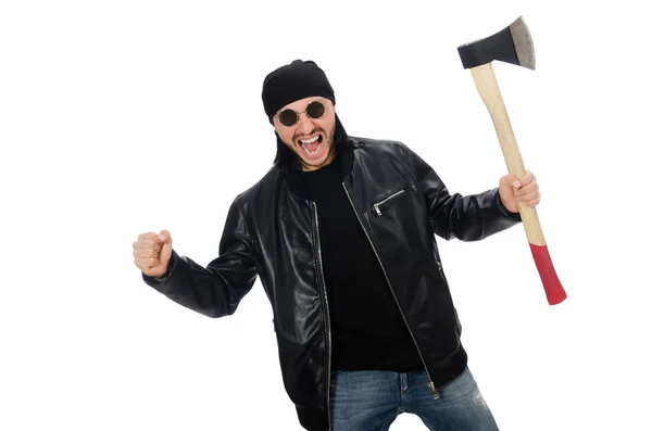 Angry man with axe isolated on white — Stock Photo, Image