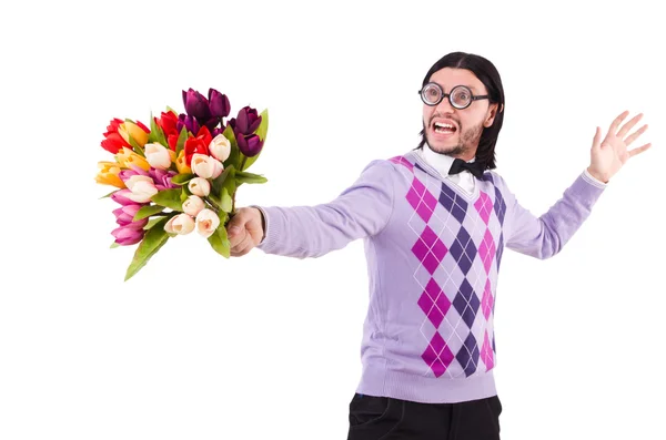 Man met tulpen geïsoleerd op wit — Stockfoto