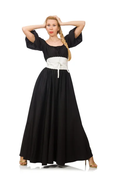 Lang vrouw in lange zwarte jurk geïsoleerd op wit — Stockfoto