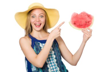 Karpuzlu kadın beyazda soyutlanmış.