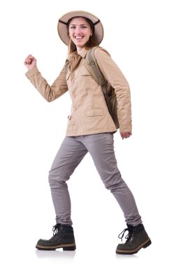 Beyaz safari şapkalı kadın.