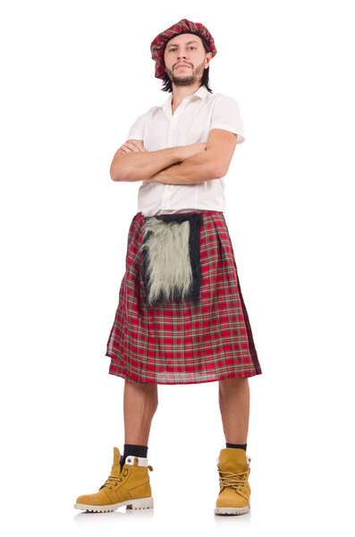 Man in scottish skirt isolated on white