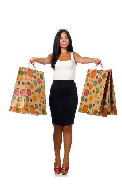 Woman with shopping bags on white — Stock Photo, Image