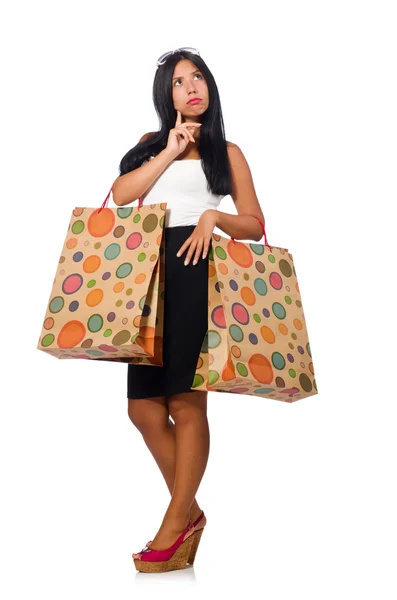 Mujer con bolsas de compras en blanco —  Fotos de Stock