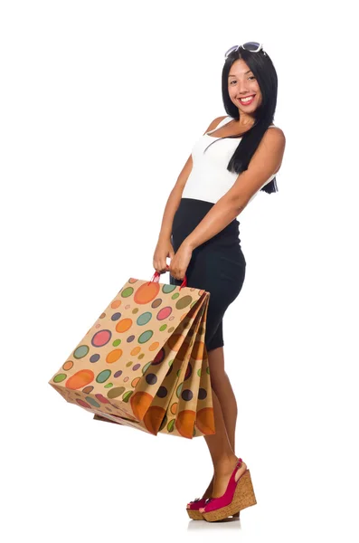 Donna con shopping bag su bianco — Foto Stock