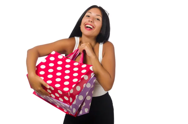 Donna con shopping bag su bianco — Foto Stock