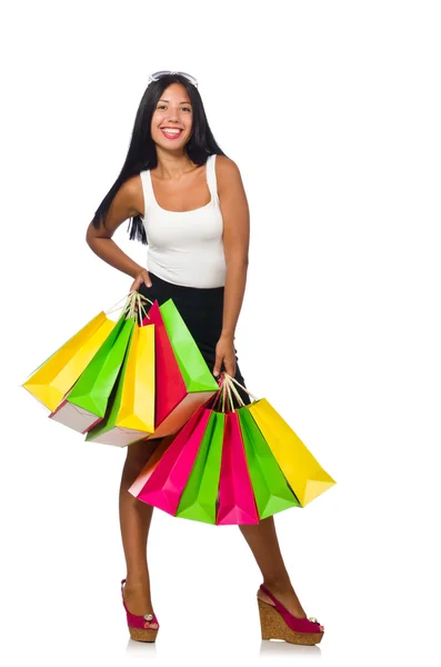 Donna con shopping bag su bianco — Foto Stock