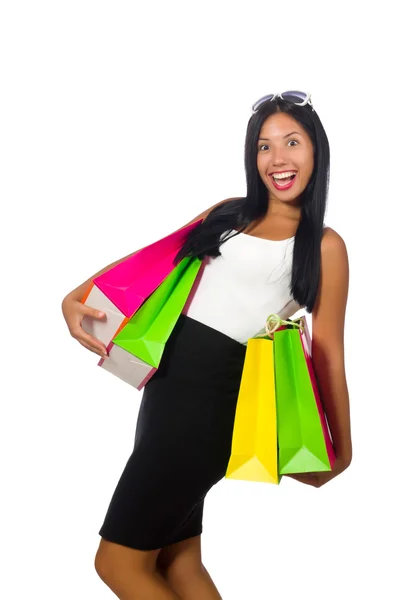 Donna con shopping bag su bianco — Foto Stock