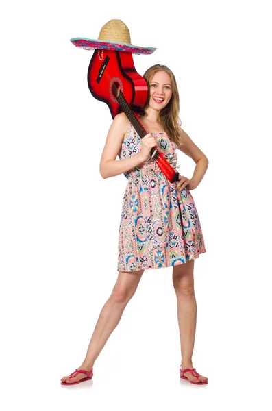 Kobieta w koncepcji muzycznej z gitarą na białym — Zdjęcie stockowe