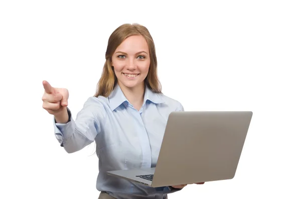 Office employee holding laptop isolated on white — Stock Photo, Image