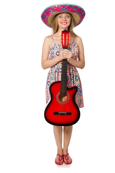 Mulher em conceito musical com guitarra em branco — Fotografia de Stock