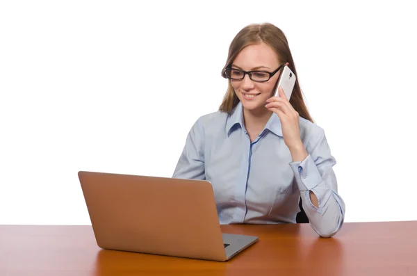 Funcionário de escritório com laptop e telefone isolado em branco — Fotografia de Stock