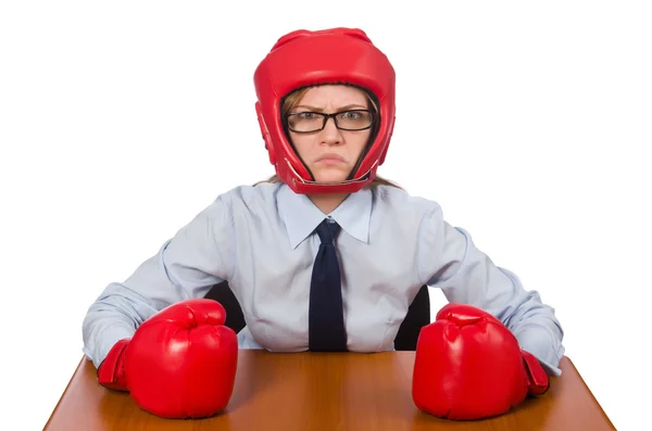 Büroangestellte bei der Arbeit mit Boxhandschuhen auf weißem Grund — Stockfoto