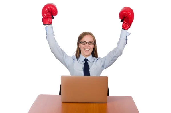 Büroangestellte bei der Arbeit mit Boxhandschuhen auf weißem Grund — Stockfoto