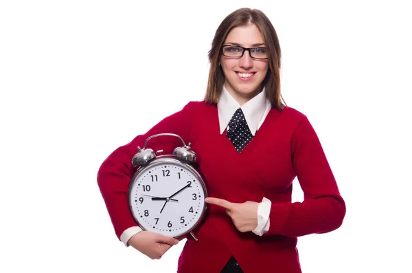 Trabajador de oficina con reloj despertador aislado en blanco —  Fotos de Stock