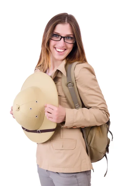 Mulher usando chapéu de safári no branco — Fotografia de Stock