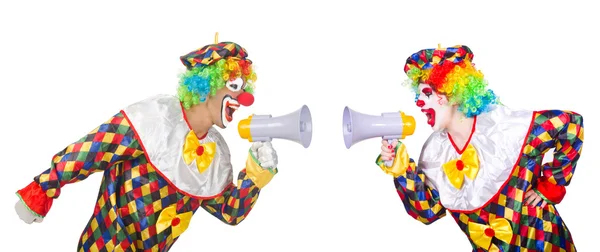 Two clowns with loudspeakers isolated on white — Stock Photo, Image