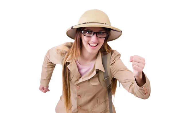 Mulher usando chapéu de safári no branco — Fotografia de Stock