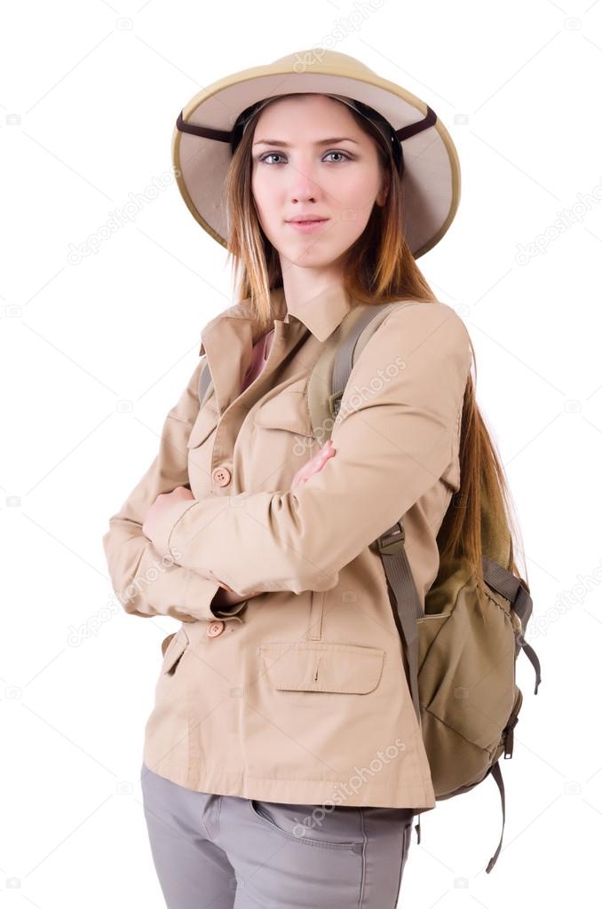 Woman wearing safari hat on white