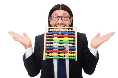 Hesap makinesi ve abaküsü olan komik bir adam.